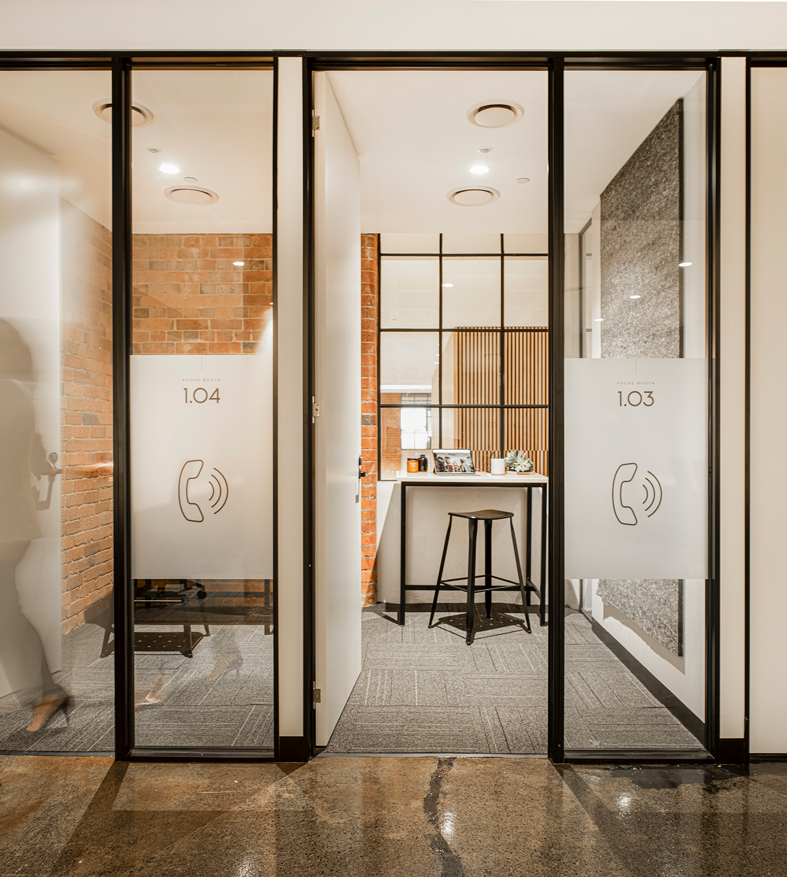 United Co. Shared workspace phone booths for private phone calls and video calls. 